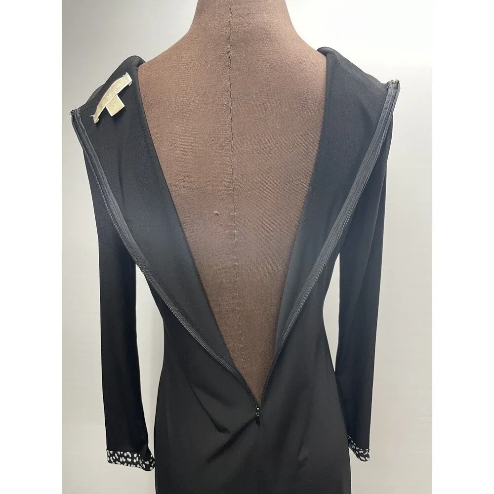 Michael Kors Black Long Sleeve Dress w/ Black & White Animal Print Trim Size M